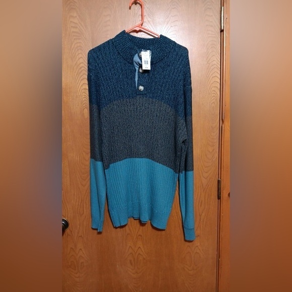 Long Tunic Length Sweater Blue, Charcoal Gray and Turquoise Large - Picture 1 of 2